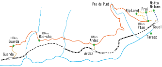 グアルダから歩き始め、アルデッツ、フタン、シュクオールへと歩くコースのマップ